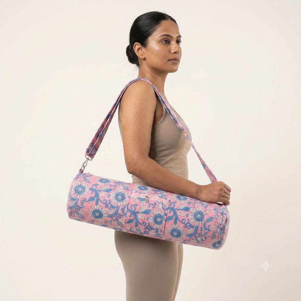 Pink Sunflower Quilted Cotton Yoga Mat Bag, Handcrafted Crossbody Carrier, Blue Patterned Fitness Tote