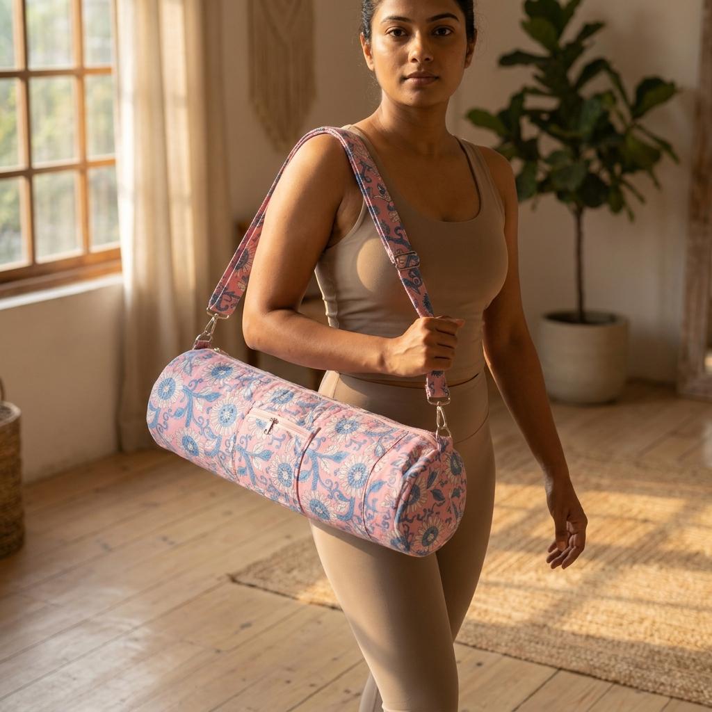 Pink Sunflower Quilted Cotton Yoga Mat Bag, Handcrafted Crossbody Carrier, Blue Patterned Fitness Tote
