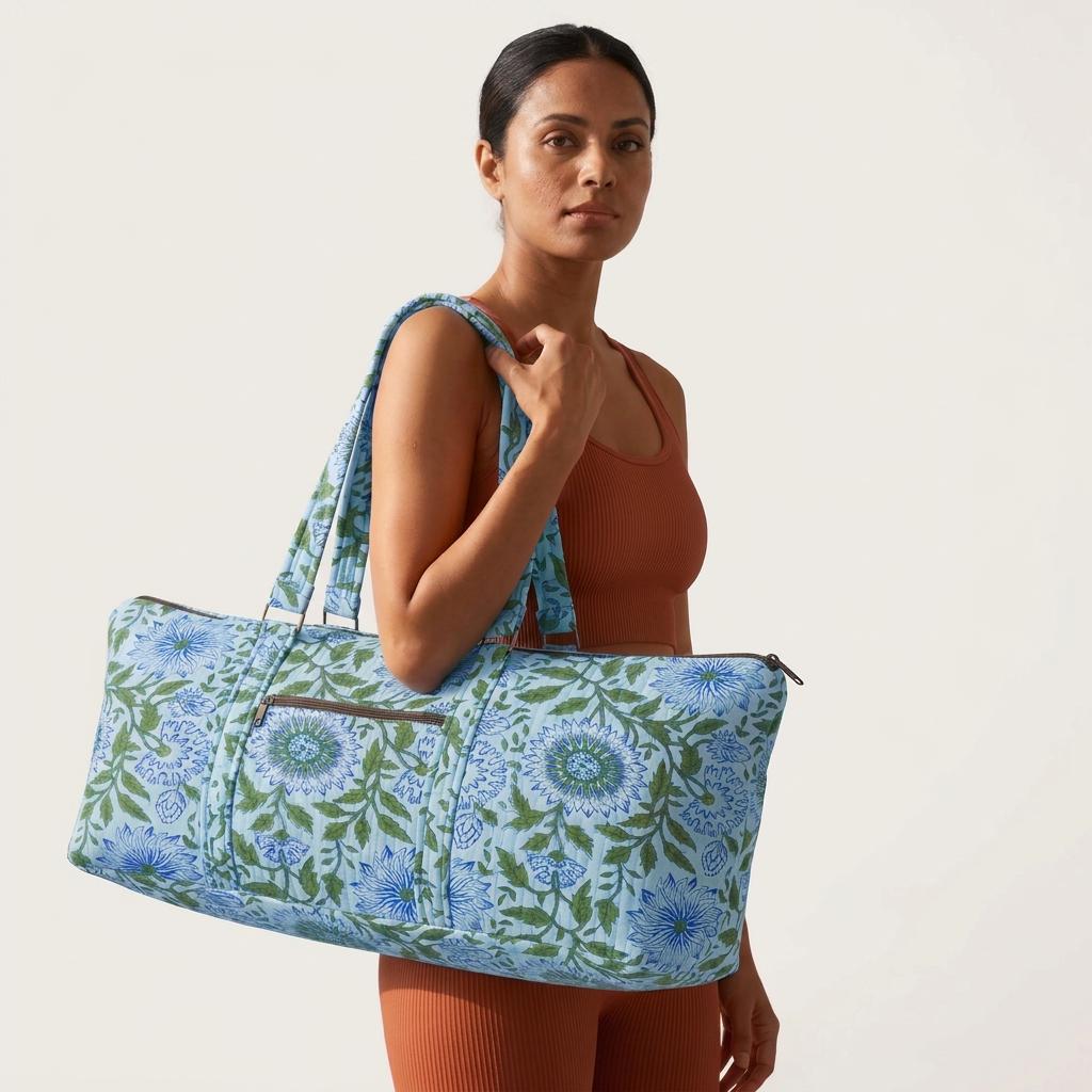 Quilted Cotton Blue Green Floral Duffle Bag Large Travel Gym Yoga Handmade Women