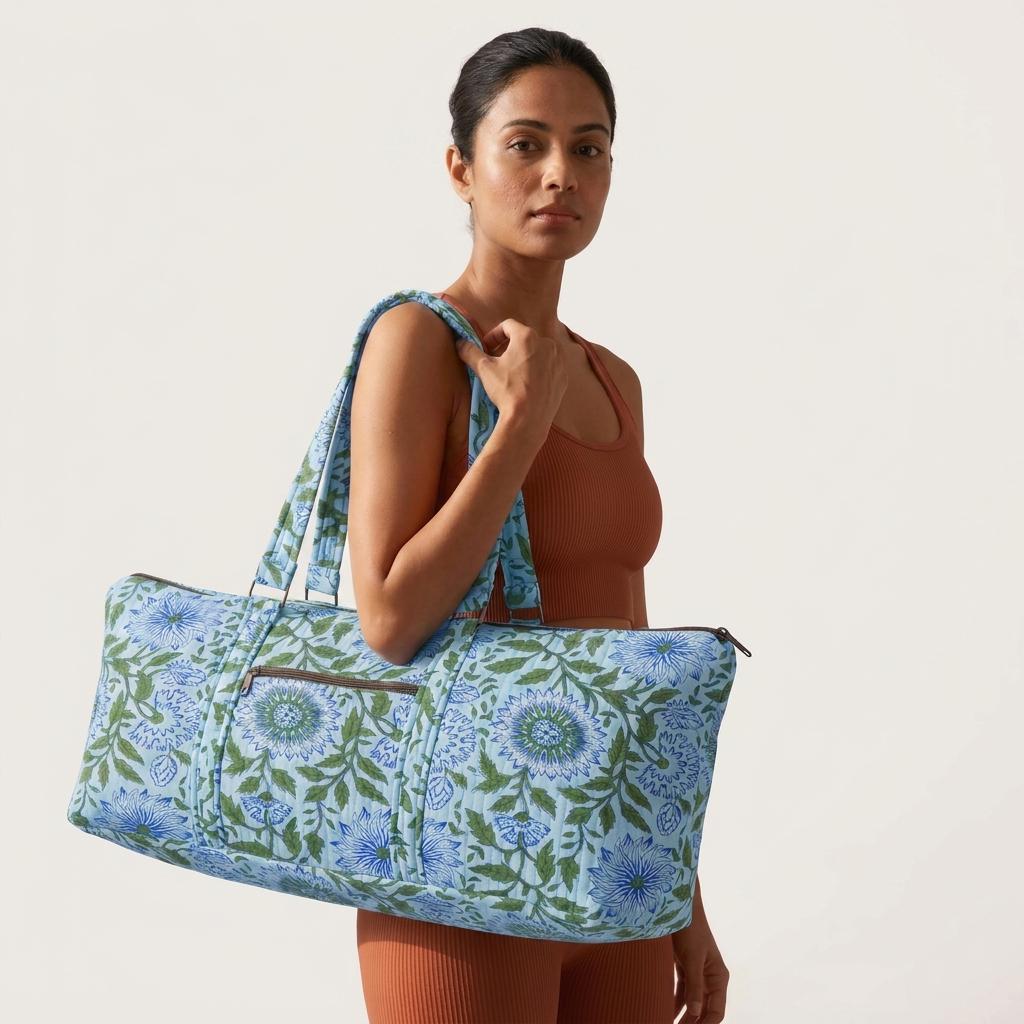 Quilted Cotton Blue Green Floral Duffle Bag Large Travel Gym Yoga Handmade Women