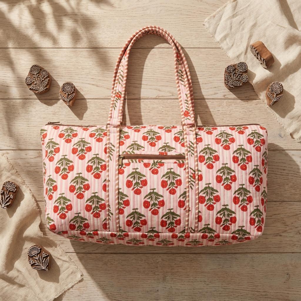 Quilted Cotton Pink Stripe Red Floral Duffle Bag Large Travel Gym Handmade Women