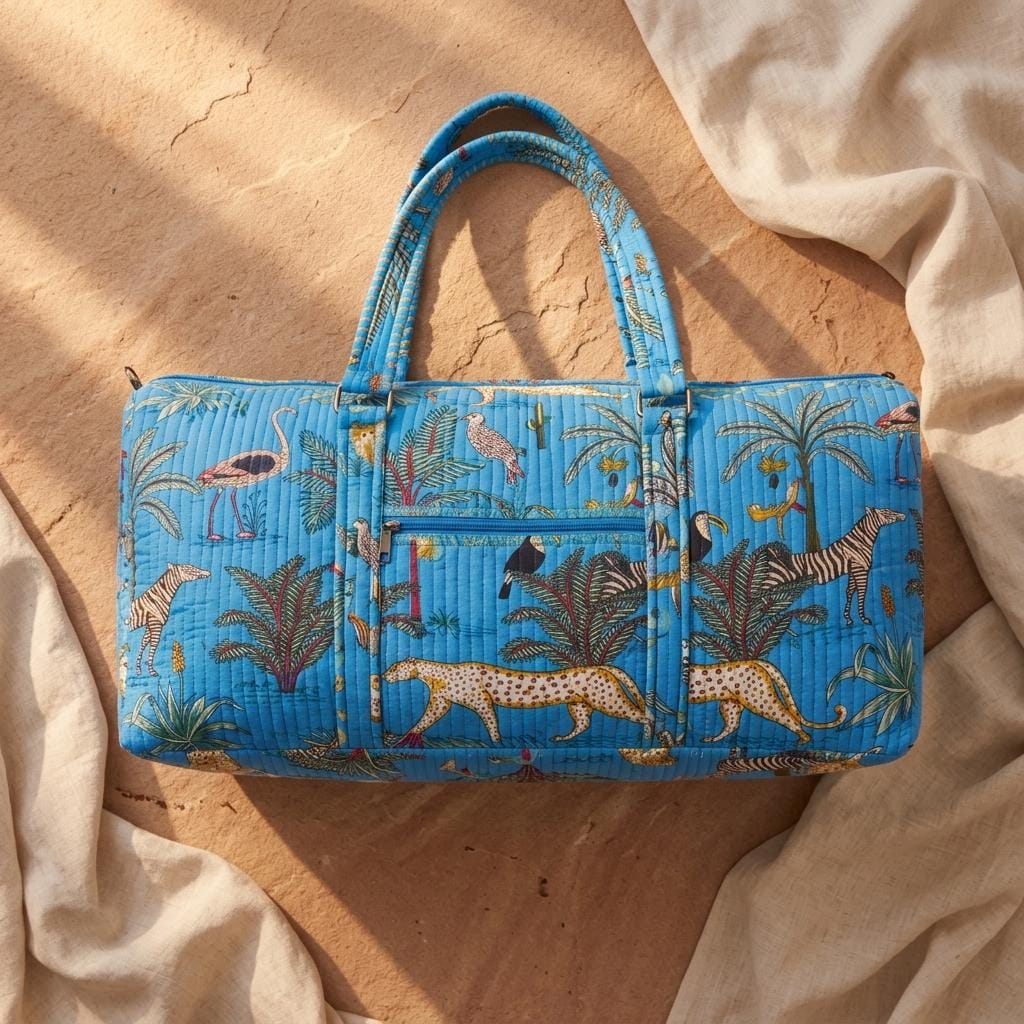Blue Safari Quilted Cotton Yoga Mat Bag, Handcrafted Shoulder Carrier, Animal Patterned Fitness Tote