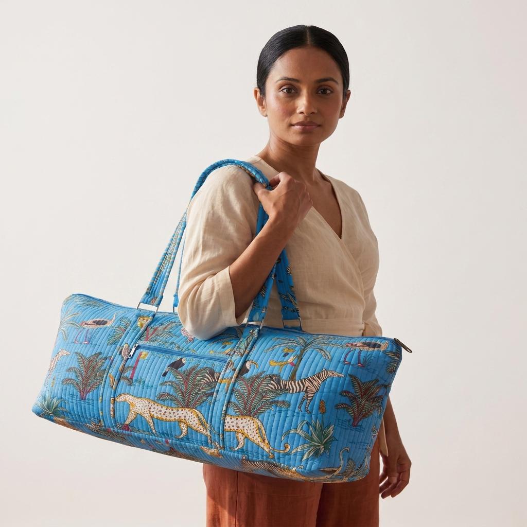 Blue Safari Quilted Cotton Yoga Mat Bag, Handcrafted Shoulder Carrier, Animal Patterned Fitness Tote