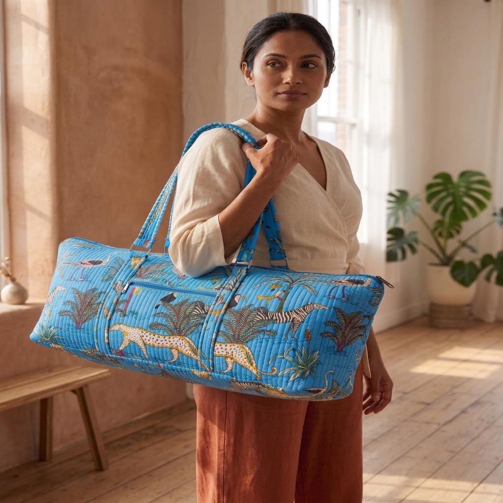 Blue Safari Quilted Cotton Yoga Mat Bag, Handcrafted Shoulder Carrier, Animal Patterned Fitness Tote