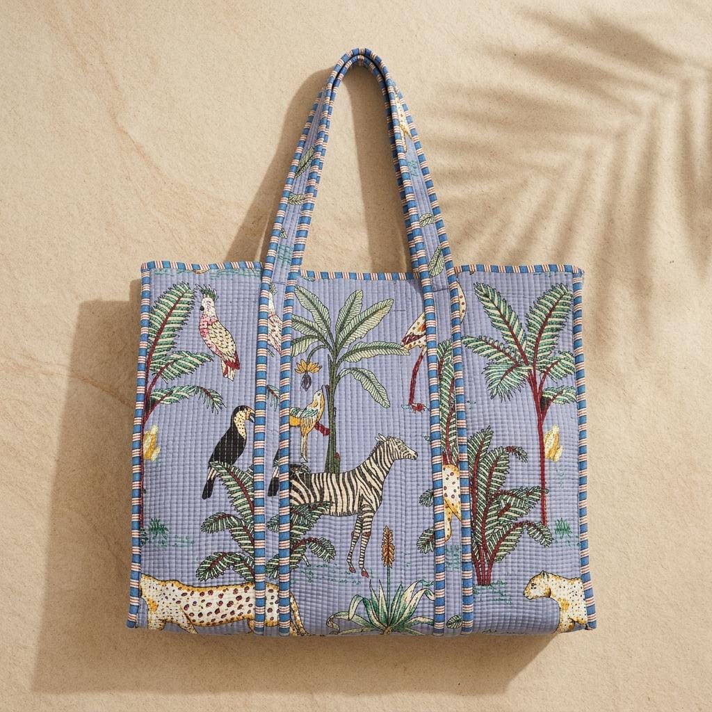 Blue Leopard Quilted Cotton Tote Bag, Handcrafted Shoulder Shopper, Zebra Slate Travel Handbag