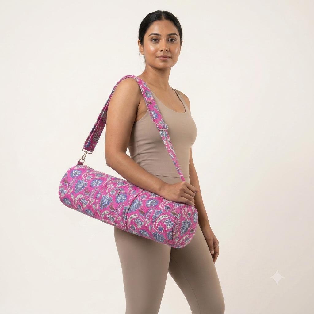 Pink Quilted Cotton Yoga Mat Bag, Handcrafted Crossbody Carrier, Blue Floral Fitness Tote