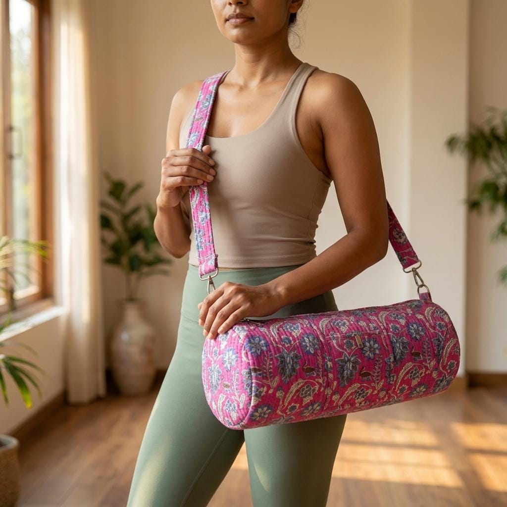 Pink Quilted Cotton Yoga Mat Bag, Handcrafted Crossbody Carrier, Blue Floral Fitness Tote