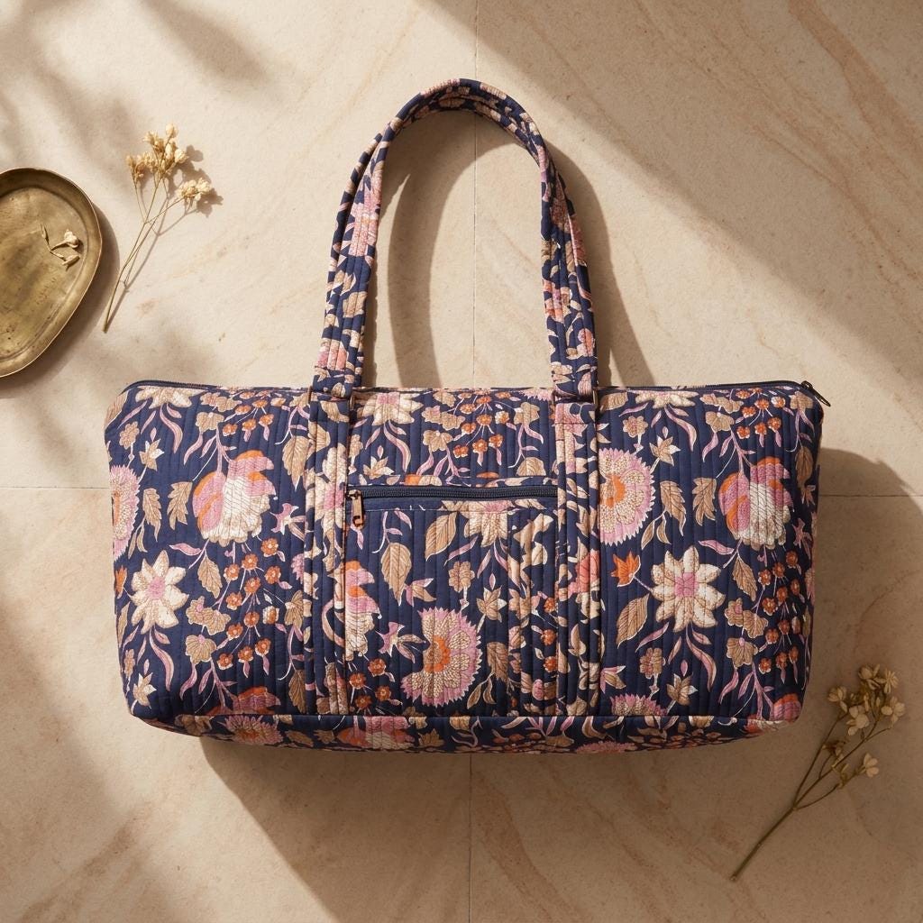 Blue Quilted Cotton Yoga Mat Bag, Handcrafted Shoulder Carrier, Pink Floral Fitness Tote