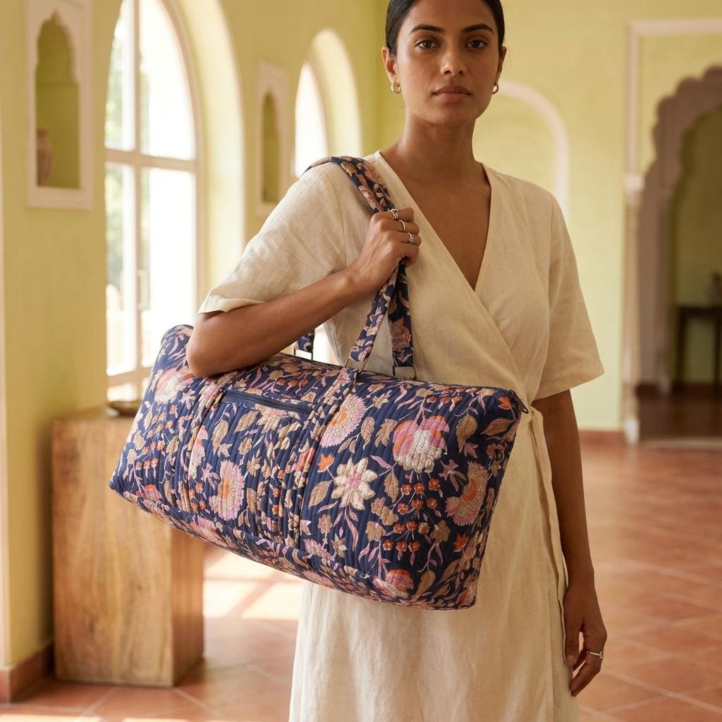 Blue Quilted Cotton Yoga Mat Bag, Handcrafted Shoulder Carrier, Pink Floral Fitness Tote