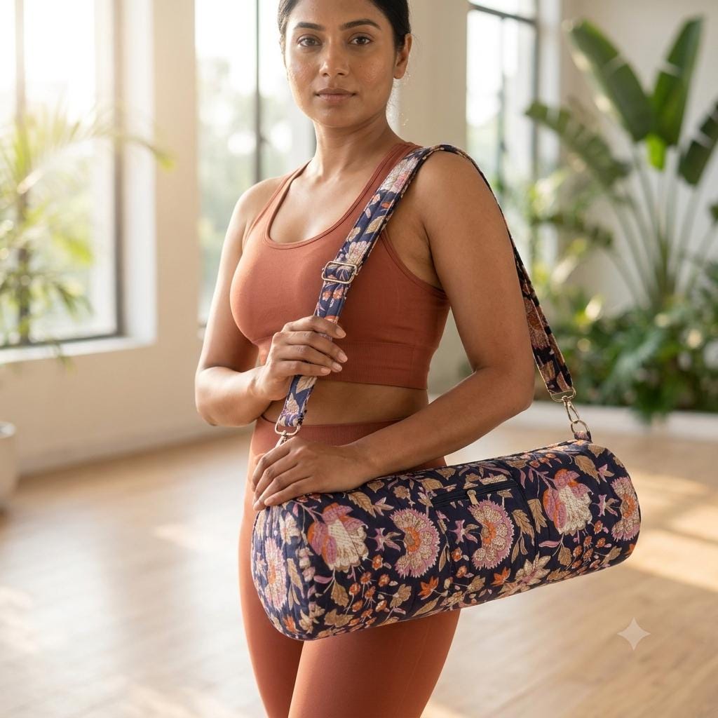 Blue Quilted Cotton Yoga Mat Bag, Handcrafted Crossbody Carrier, Pink Floral Fitness Tote