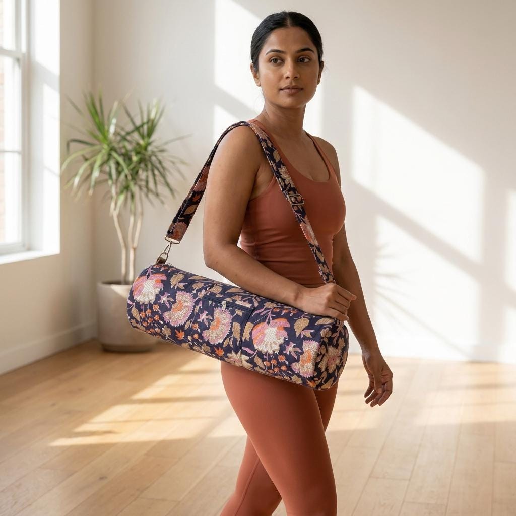 Blue Quilted Cotton Yoga Mat Bag, Handcrafted Crossbody Carrier, Pink Floral Fitness Tote