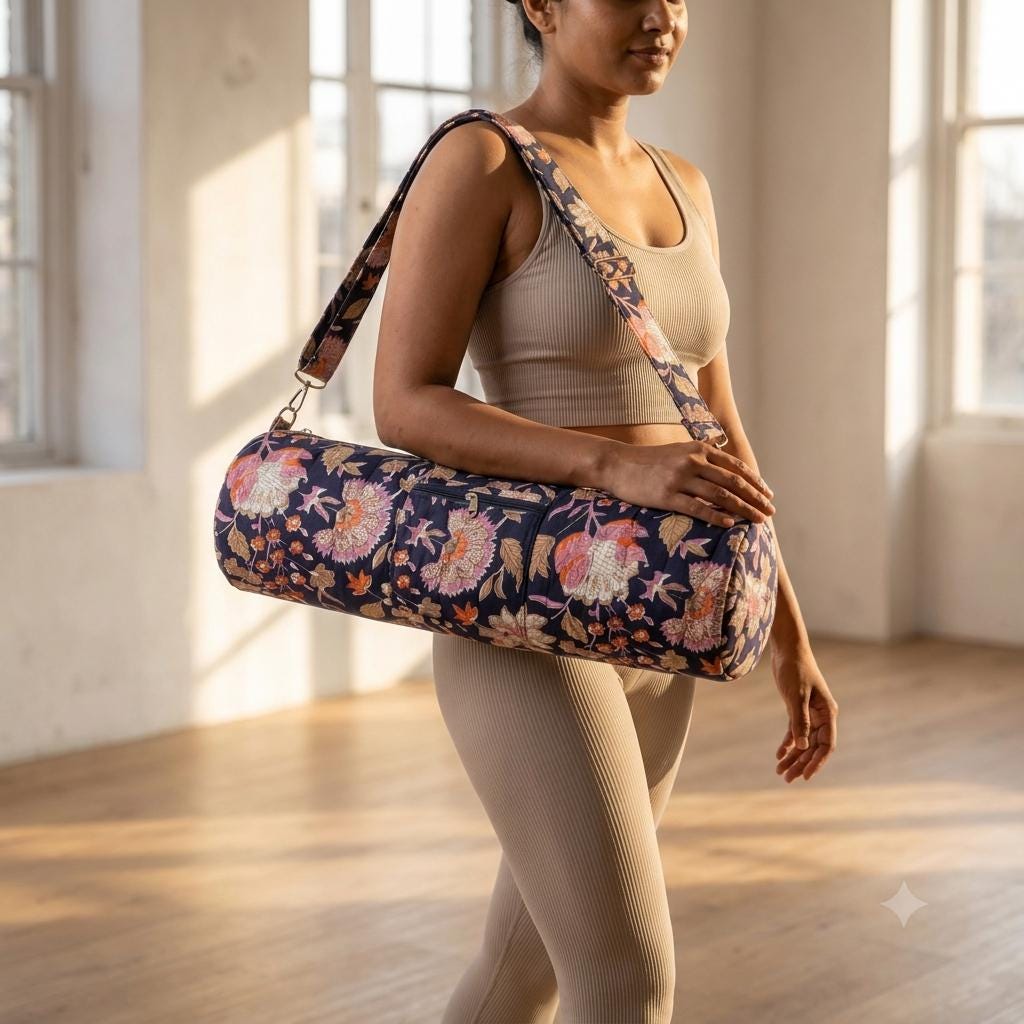 Blue Quilted Cotton Yoga Mat Bag, Handcrafted Crossbody Carrier, Pink Floral Fitness Tote
