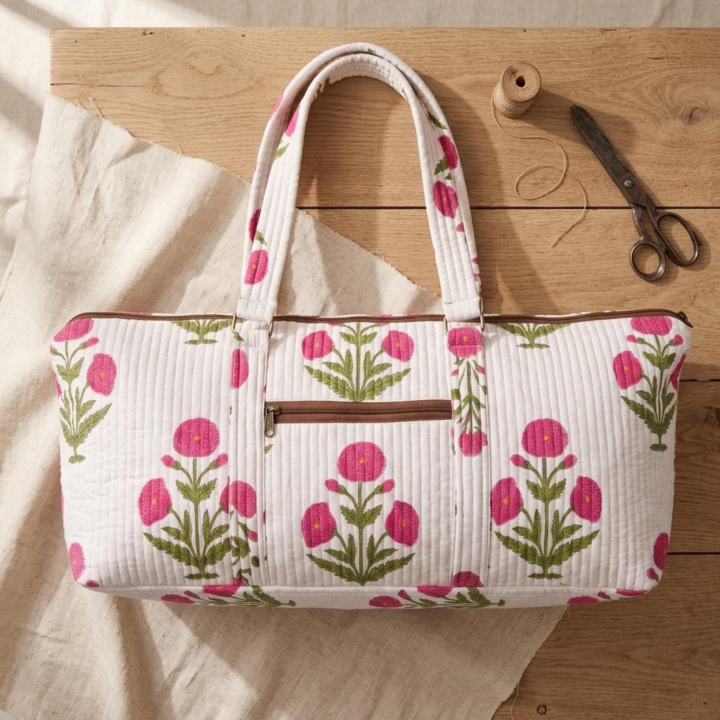 White Poppy Quilted Cotton Yoga Mat Bag, Handcrafted Shoulder Carrier, Pink Floral Fitness Tote