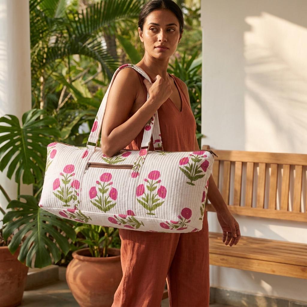 White Poppy Quilted Cotton Yoga Mat Bag, Handcrafted Shoulder Carrier, Pink Floral Fitness Tote