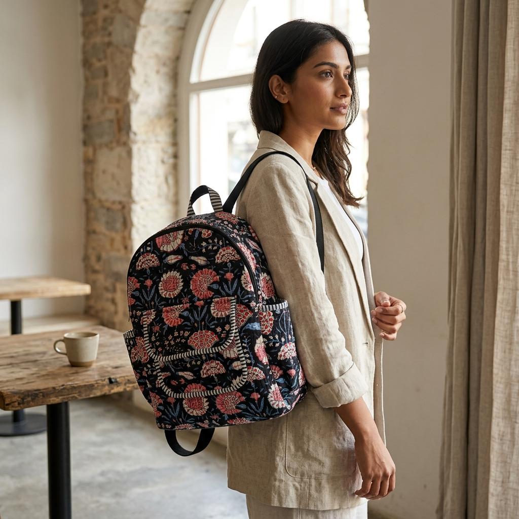 Black Floral Quilted Cotton Backpack, Handcrafted Travel Bookbag, Pink Flower Large School Pack