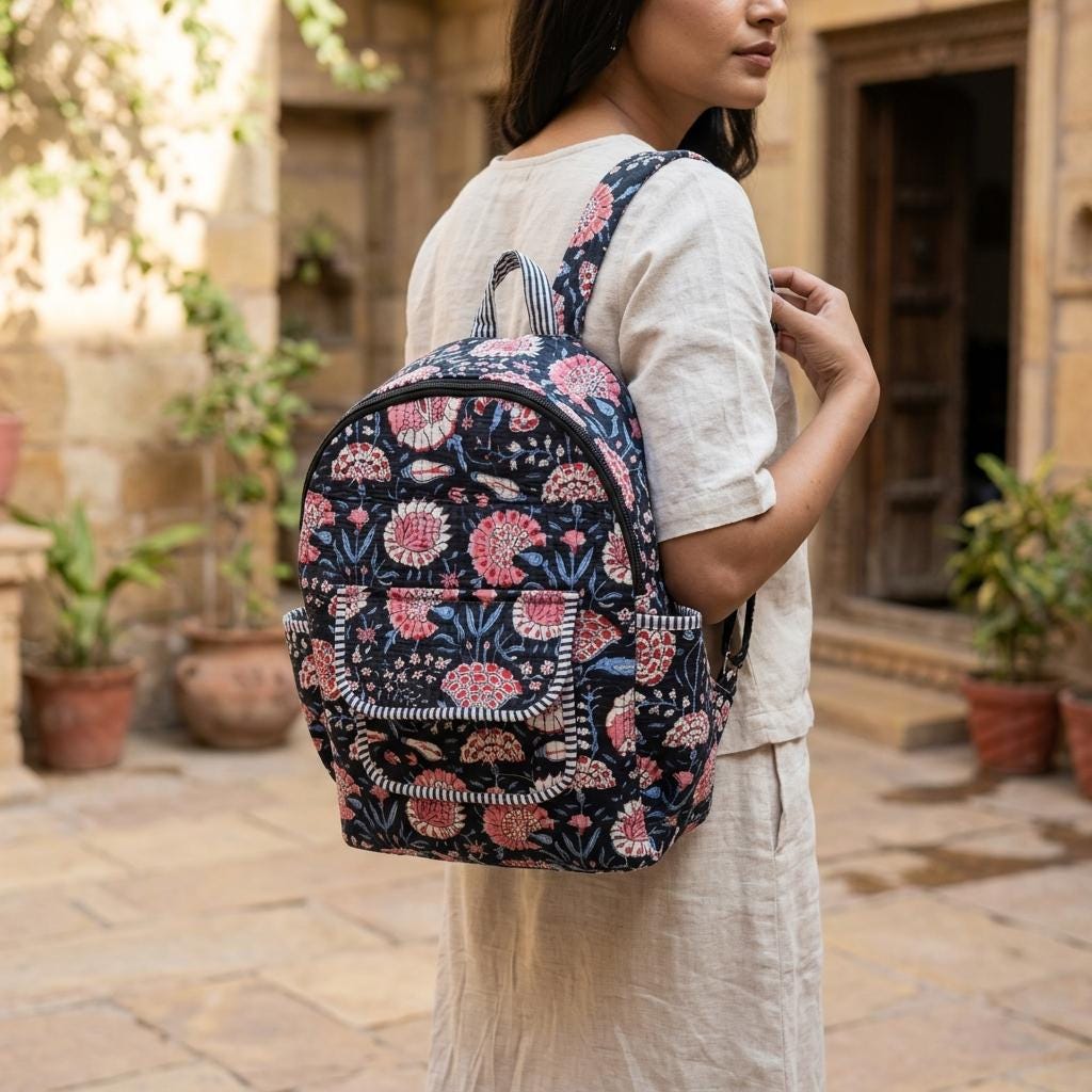 Black Floral Quilted Cotton Backpack, Handcrafted Travel Bookbag, Pink Flower Large School Pack