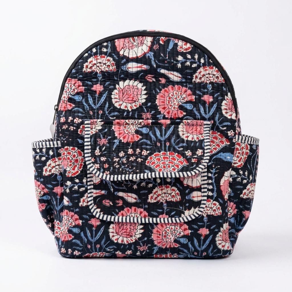 Black Floral Quilted Cotton Backpack, Handcrafted Travel Bookbag, Pink Flower Large School Pack