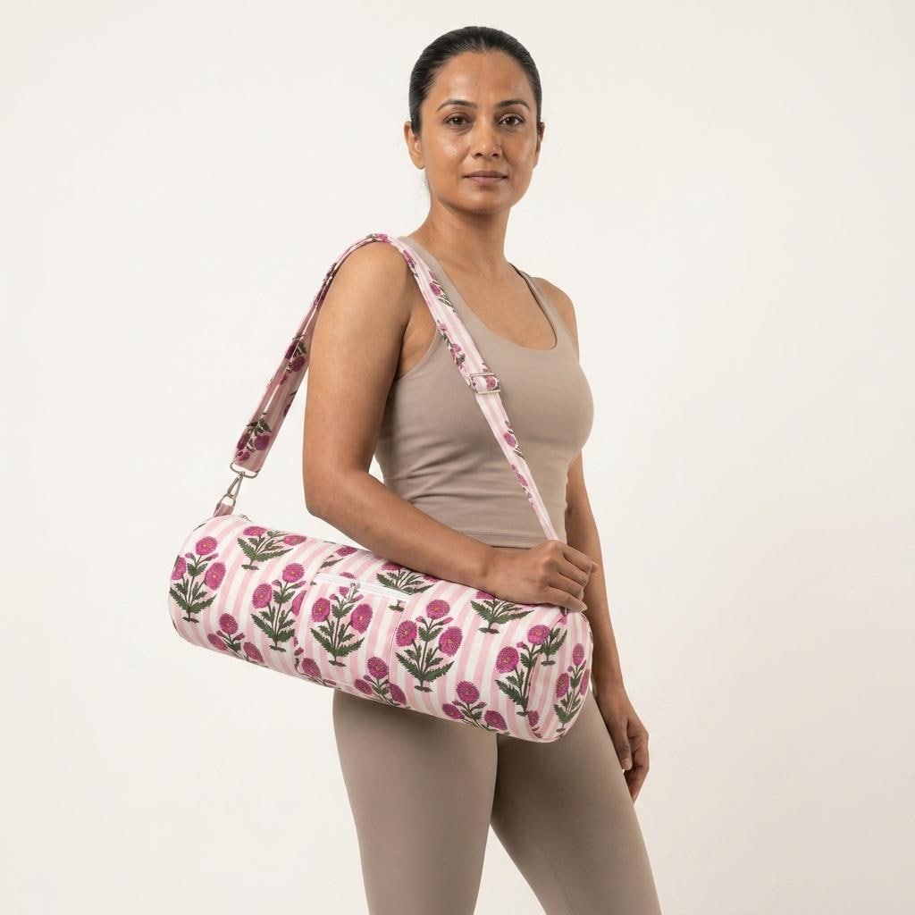 Quilted Cotton Pink Marigold Stripe Yoga Mat Bag Handcrafted Crossbody Carrier Women