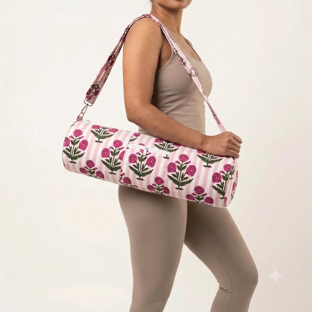Quilted Cotton Pink Marigold Stripe Yoga Mat Bag Handcrafted Crossbody Carrier Women