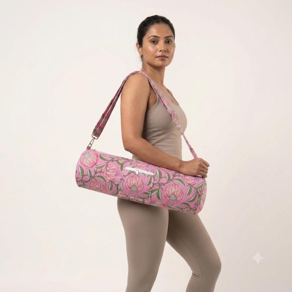Quilted Cotton Pink Floral Poppy Yoga Mat Bag Handcrafted Crossbody Carrier Women
