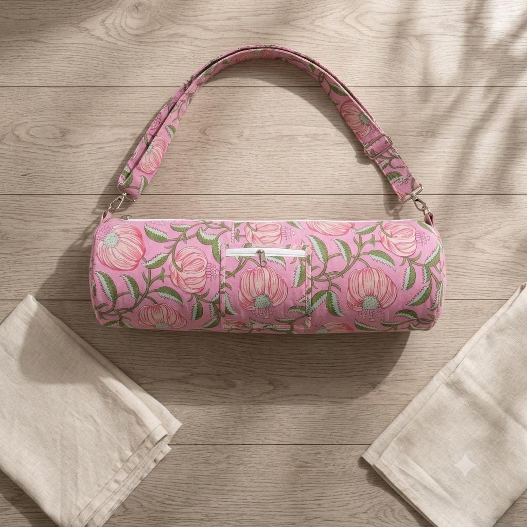 Quilted Cotton Pink Floral Poppy Yoga Mat Bag Handcrafted Crossbody Carrier Women