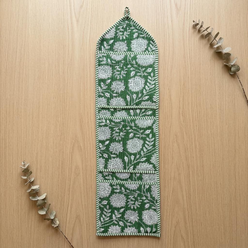Green Floral Quilted Cotton Hanging Wall Organizer, Handcrafted Multi Pocket Fabric Storage Hanger