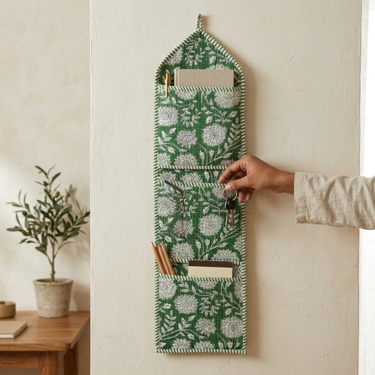 Green Floral Quilted Cotton Hanging Wall Organizer, Handcrafted Multi Pocket Fabric Storage Hanger