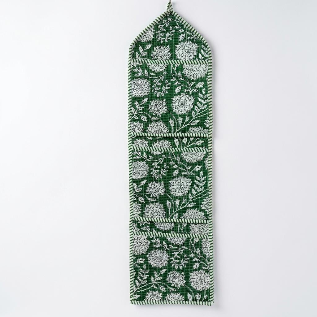 Green Floral Quilted Cotton Hanging Wall Organizer, Handcrafted Multi Pocket Fabric Storage Hanger
