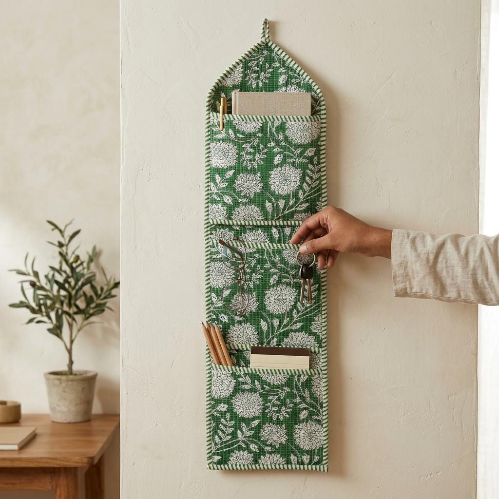 Green Floral Quilted Cotton Hanging Wall Organizer, Handcrafted Multi Pocket Fabric Storage Hanger
