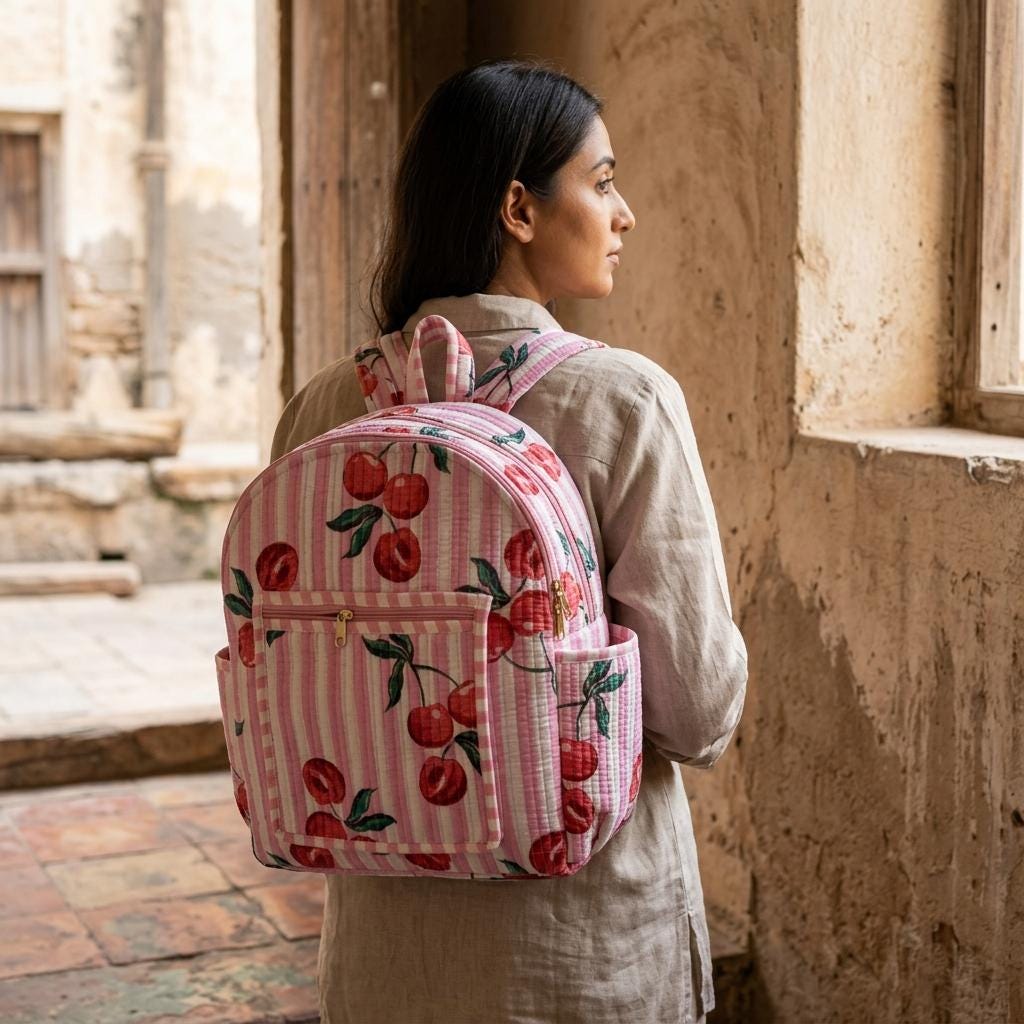 Pink Cherry Quilted Cotton Backpack, Handcrafted Travel Bookbag, Red Fruit Large School Pack