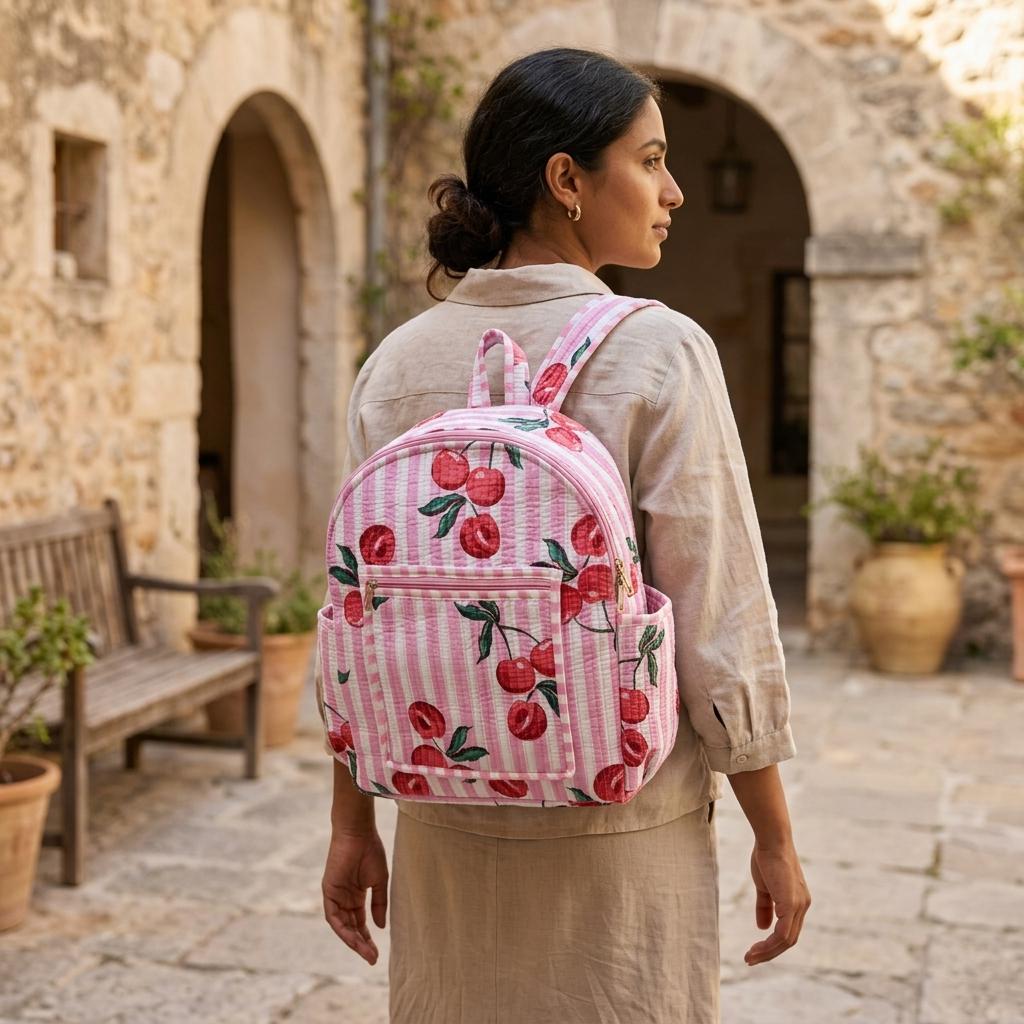 Pink Cherry Quilted Cotton Backpack, Handcrafted Travel Bookbag, Red Fruit Large School Pack