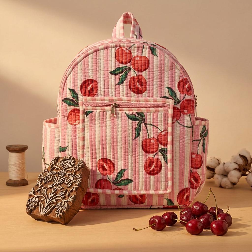 Pink Cherry Quilted Cotton Backpack, Handcrafted Travel Bookbag, Red Fruit Large School Pack