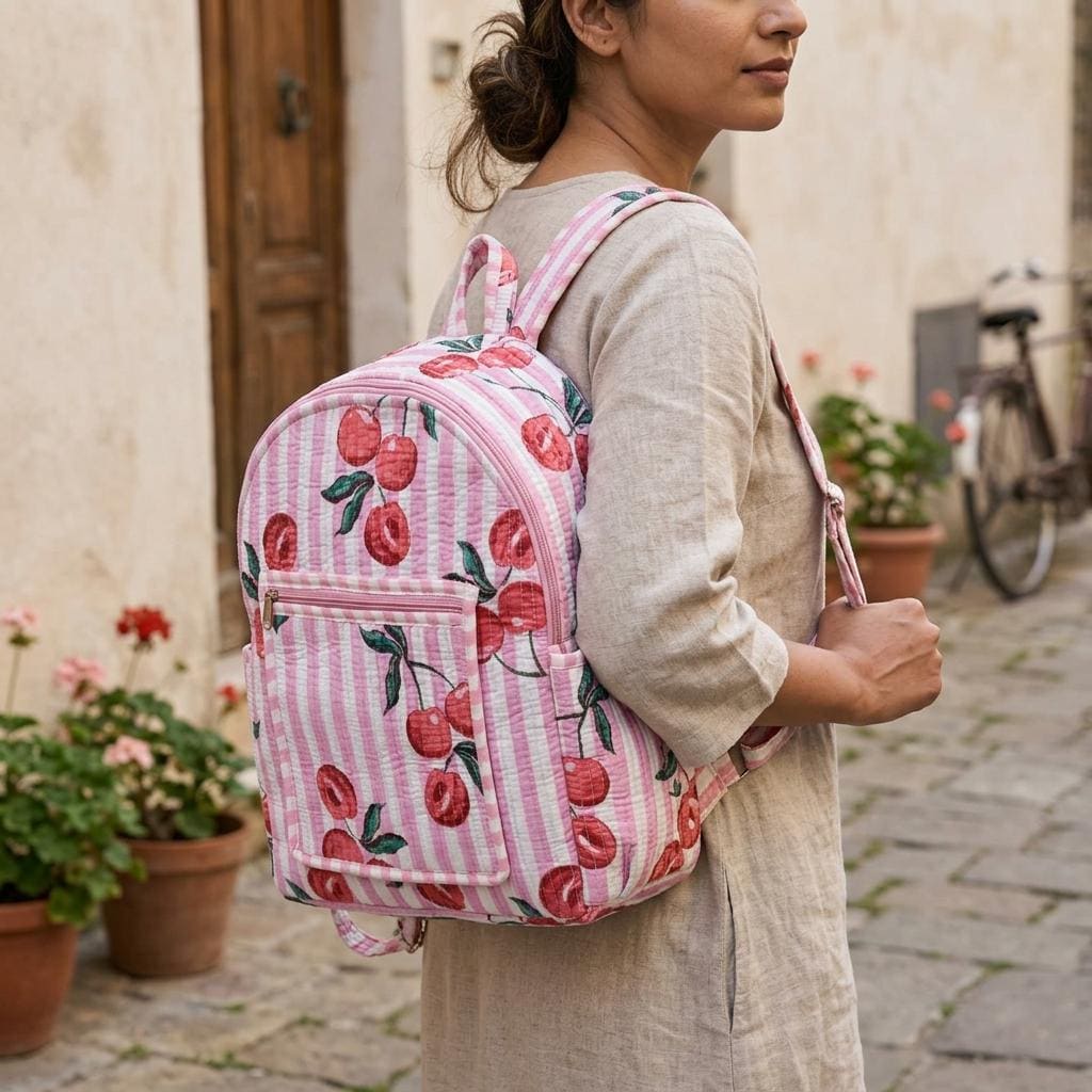 Pink Cherry Quilted Cotton Backpack, Handcrafted Travel Bookbag, Red Fruit Large School Pack