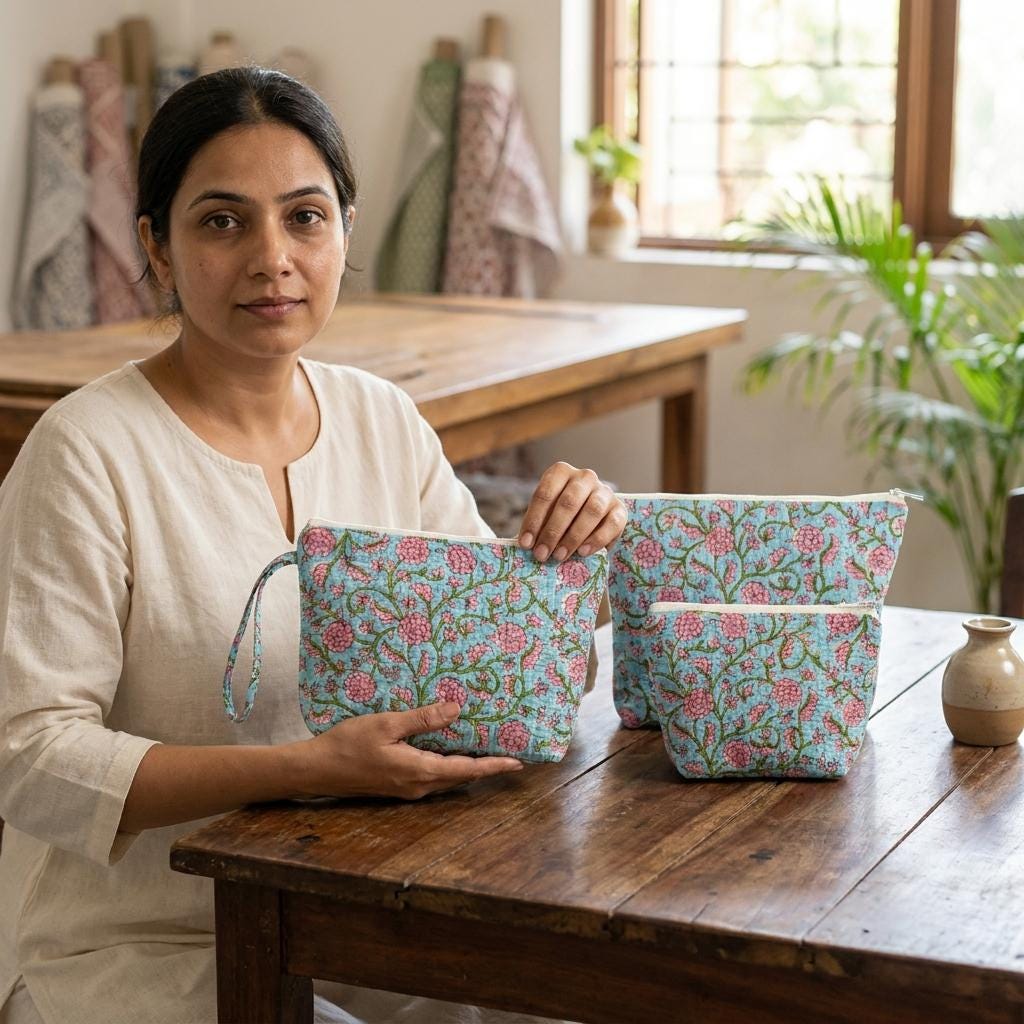 Blue Quilted Cotton Makeup Pouch Set, Handcrafted Cosmetic Organizer, Pink Floral Travel Bag
