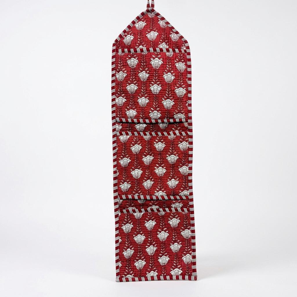 Red Floral Quilted Cotton Hanging Wall Organizer, Handcrafted Multi Pocket Fabric Jewelry Hanger