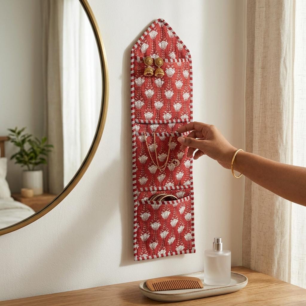 Red Floral Quilted Cotton Hanging Wall Organizer, Handcrafted Multi Pocket Fabric Jewelry Hanger