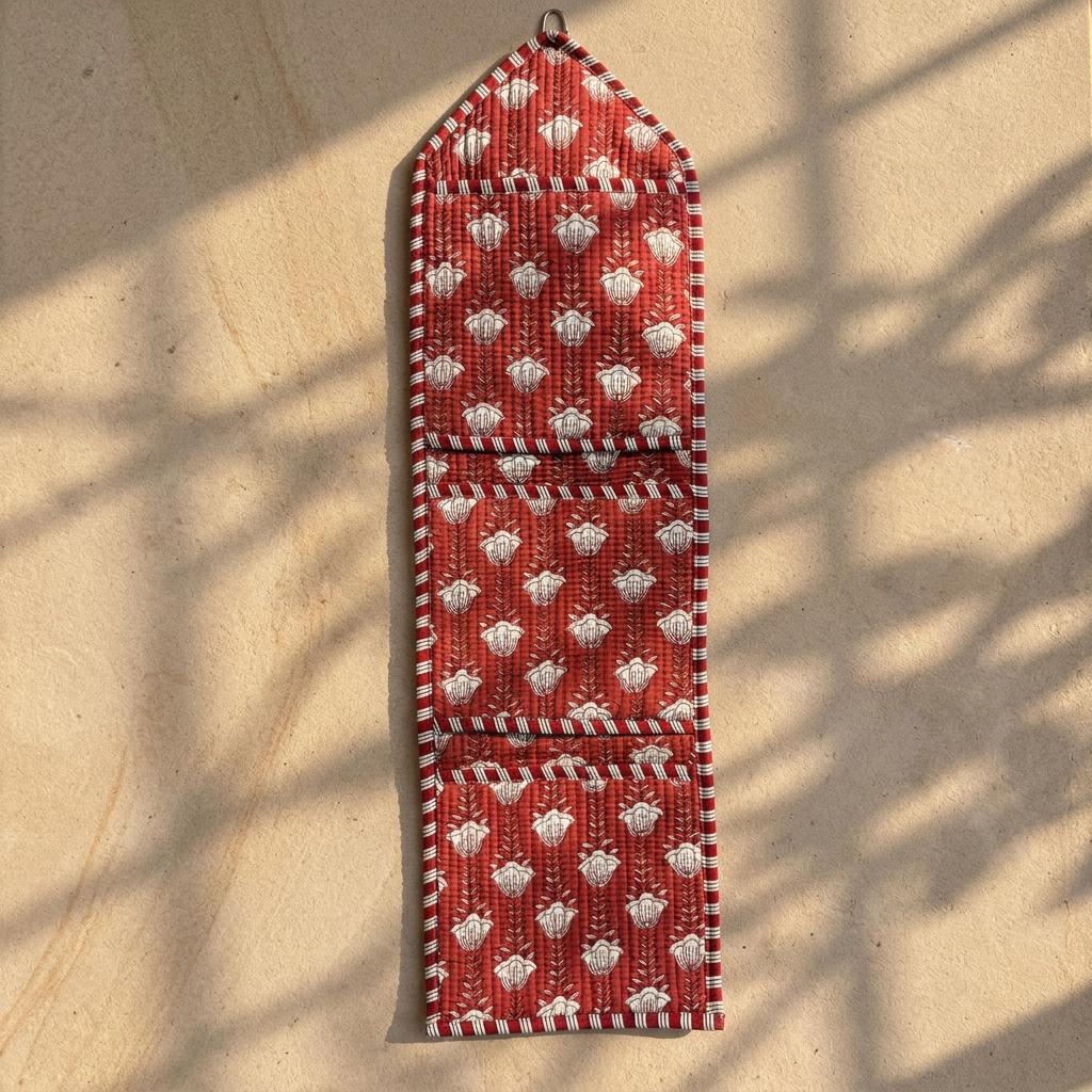 Red Floral Quilted Cotton Hanging Wall Organizer, Handcrafted Multi Pocket Fabric Jewelry Hanger