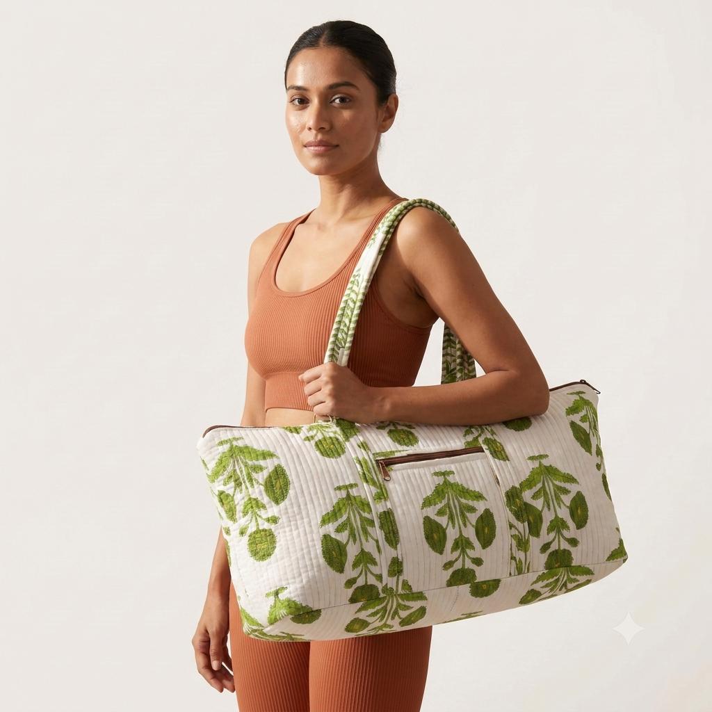 Green Marigold Quilted Cotton Yoga Mat Bag, Handcrafted Shoulder Carrier, White Floral Fitness Tote