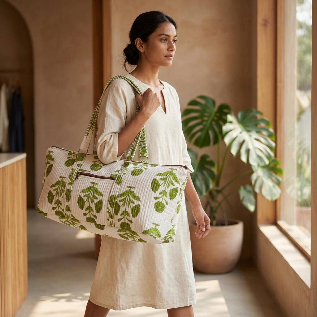 Green Marigold Quilted Cotton Yoga Mat Bag, Handcrafted Shoulder Carrier, White Floral Fitness Tote