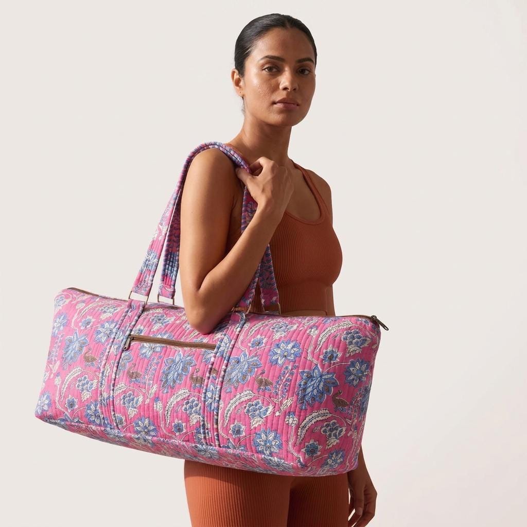Pink Floral Quilted Cotton Yoga Mat Bag, Handcrafted Crossbody Carrier, Blue Striped Fitness Tote