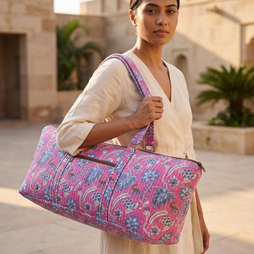 Pink Floral Quilted Cotton Yoga Mat Bag, Handcrafted Crossbody Carrier, Blue Striped Fitness Tote