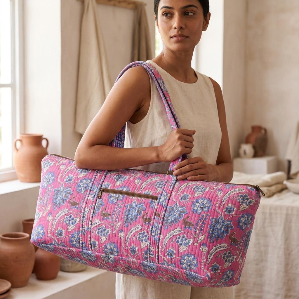 Pink Floral Quilted Cotton Yoga Mat Bag, Handcrafted Crossbody Carrier, Blue Striped Fitness Tote
