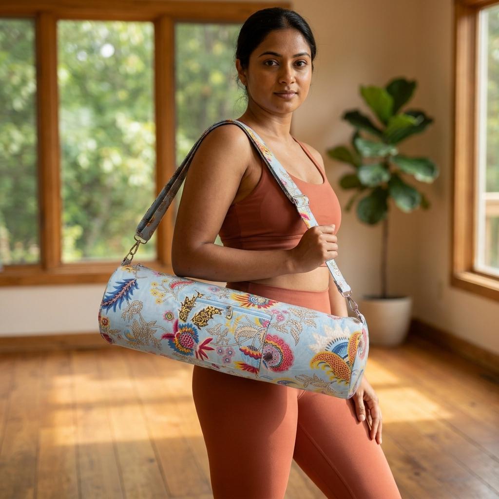 Quilted Cotton Sky Blue Floral Yoga Mat Bag Handcrafted Crossbody Carrier Women