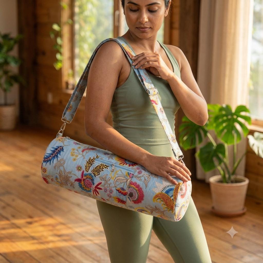 Quilted Cotton Sky Blue Floral Yoga Mat Bag Handcrafted Crossbody Carrier Women