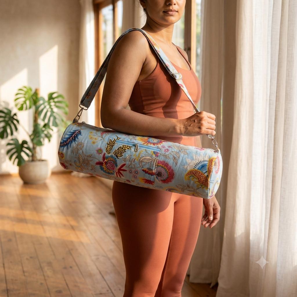 Quilted Cotton Sky Blue Floral Yoga Mat Bag Handcrafted Crossbody Carrier Women