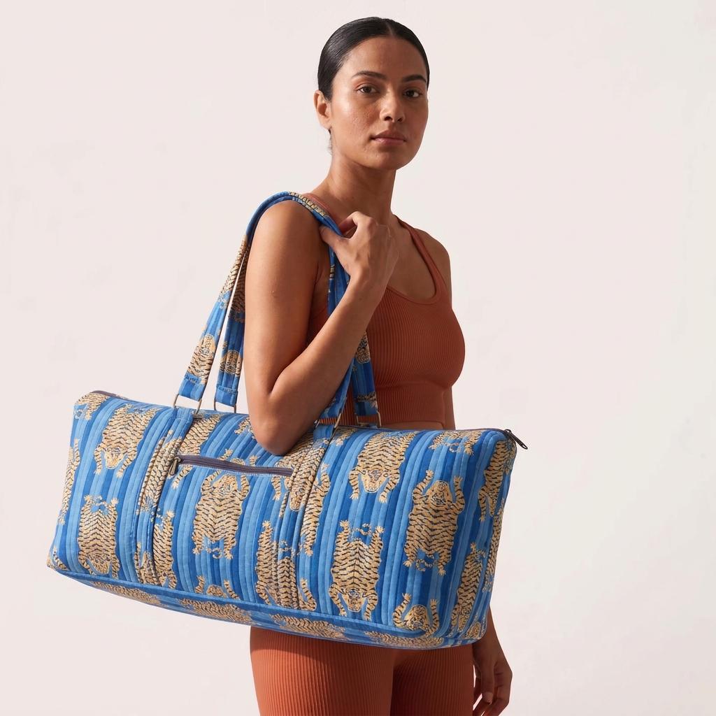 Blue Tiger Quilted Cotton Yoga Mat Bag, Handcrafted Crossbody Carrier, Striped Animal Fitness Tote