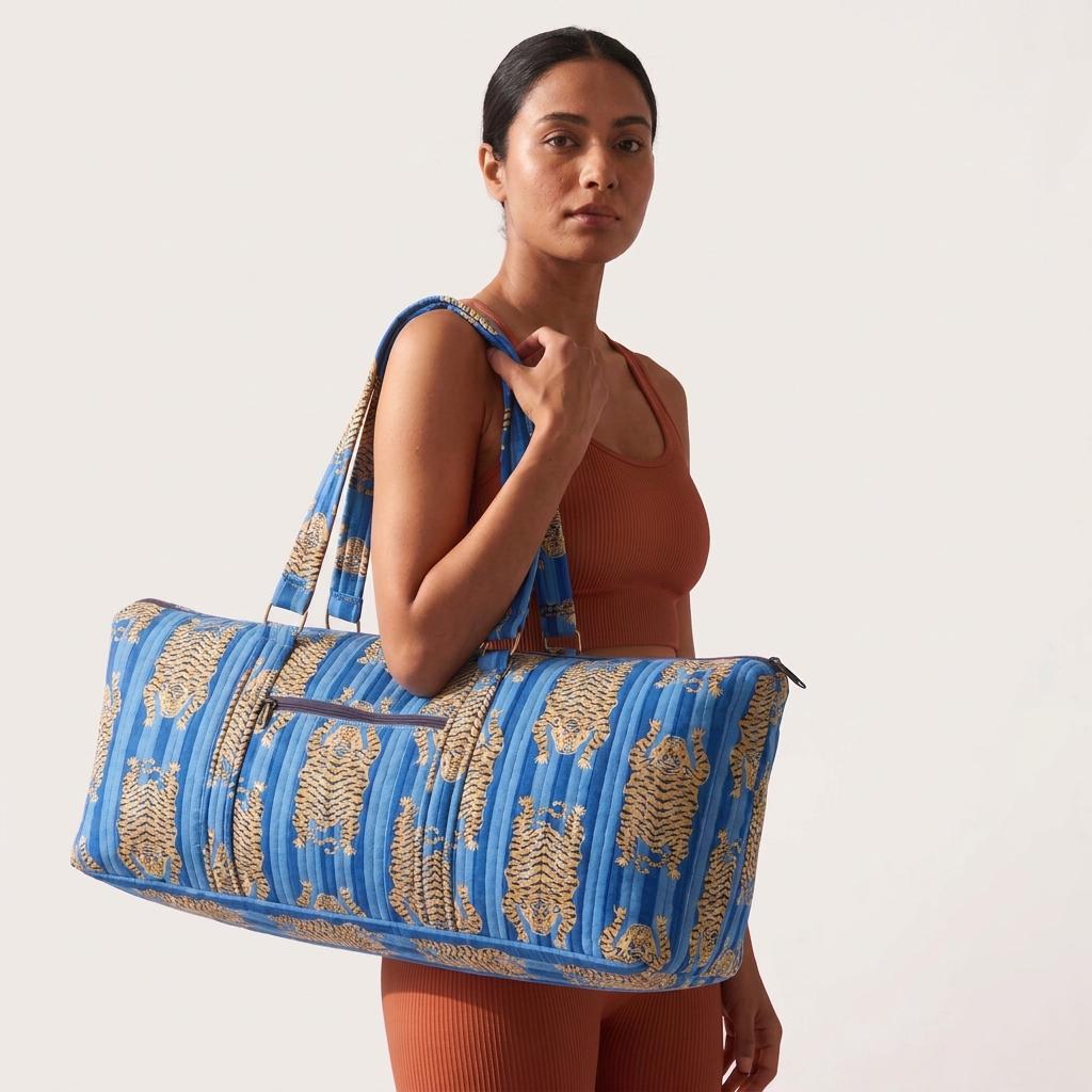 Blue Tiger Quilted Cotton Yoga Mat Bag, Handcrafted Crossbody Carrier, Striped Animal Fitness Tote