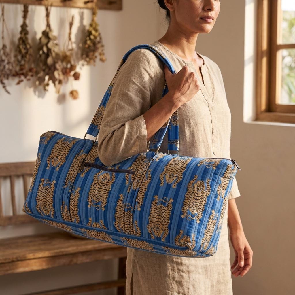 Blue Tiger Quilted Cotton Yoga Mat Bag, Handcrafted Crossbody Carrier, Striped Animal Fitness Tote