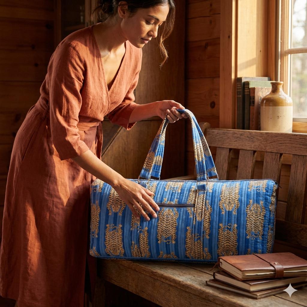 Blue Tiger Quilted Cotton Yoga Mat Bag, Handcrafted Crossbody Carrier, Striped Animal Fitness Tote