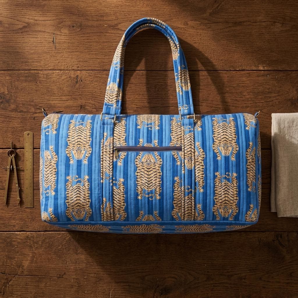 Blue Tiger Quilted Cotton Yoga Mat Bag, Handcrafted Crossbody Carrier, Striped Animal Fitness Tote